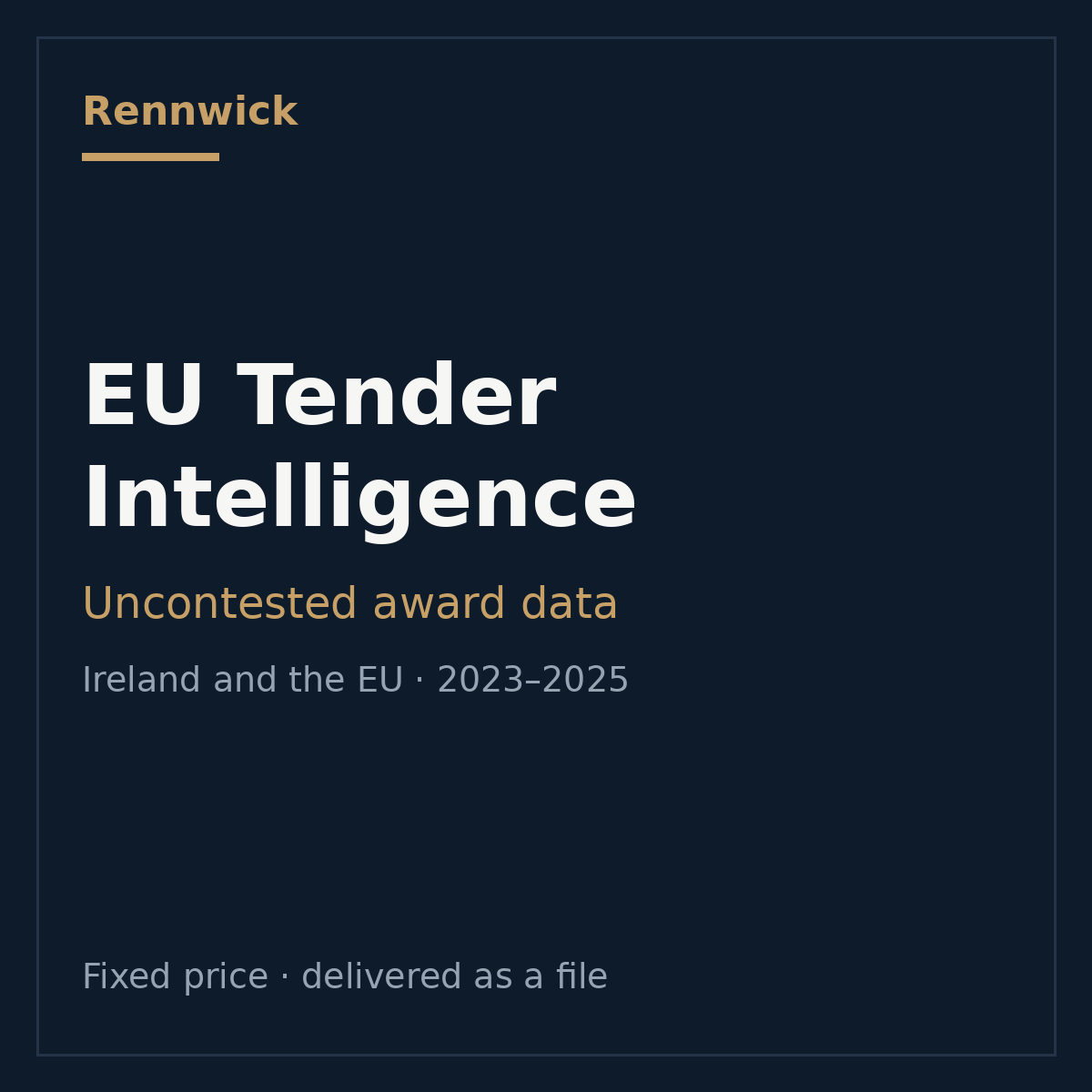 Product card: EU Tender Intelligence, uncontested award data for Ireland and the EU, 2023 to 2025